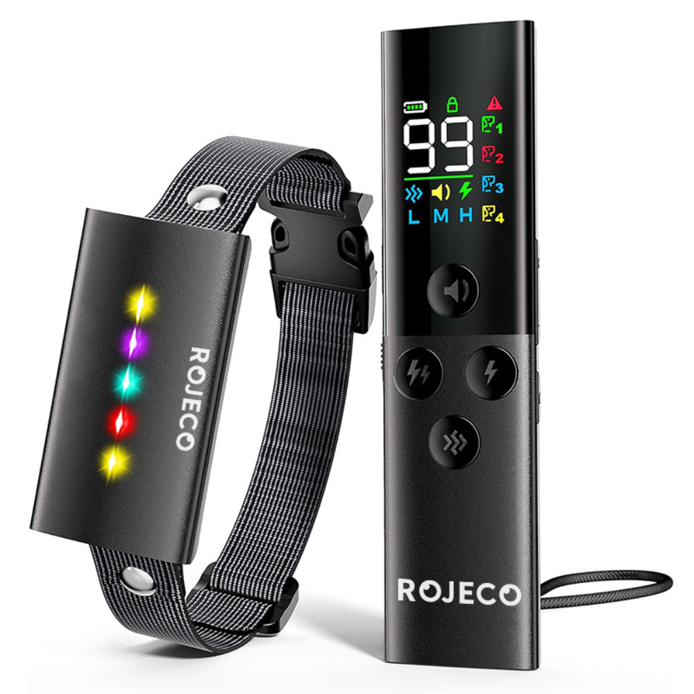Rojeco TC028 dog training collar with 500m range, IP67, and 1–99 shock levels.