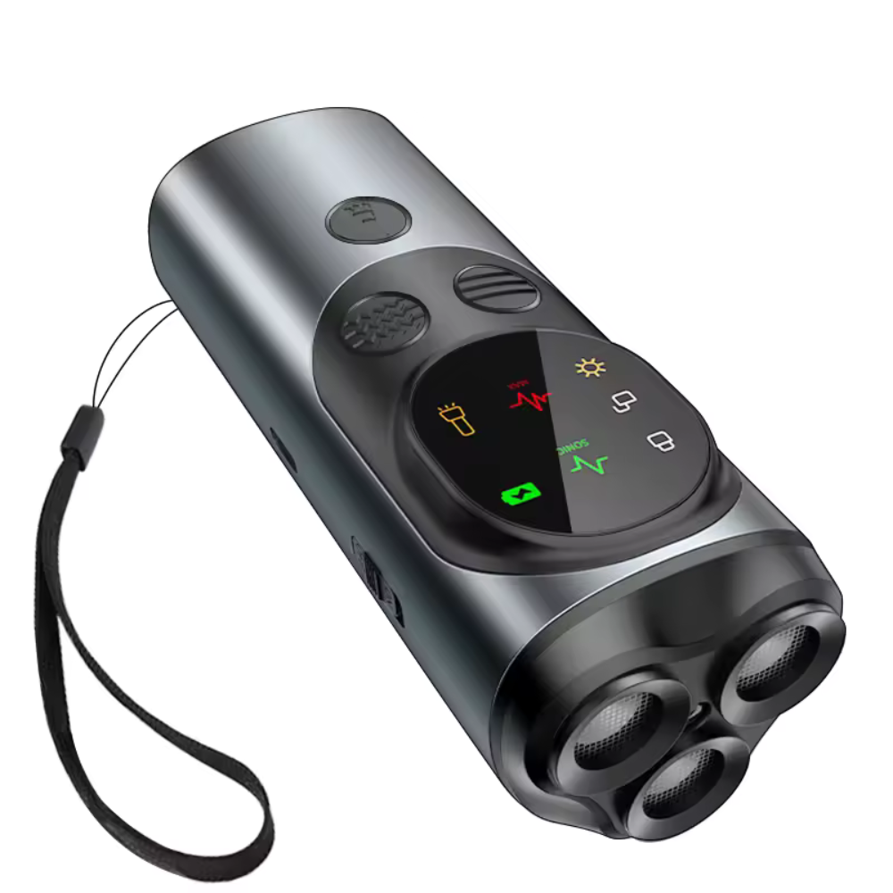 ROJECO ultrasonic dog repeller with 10m range, Type-C charging, and 800mAh battery — model RQGQSX-03.